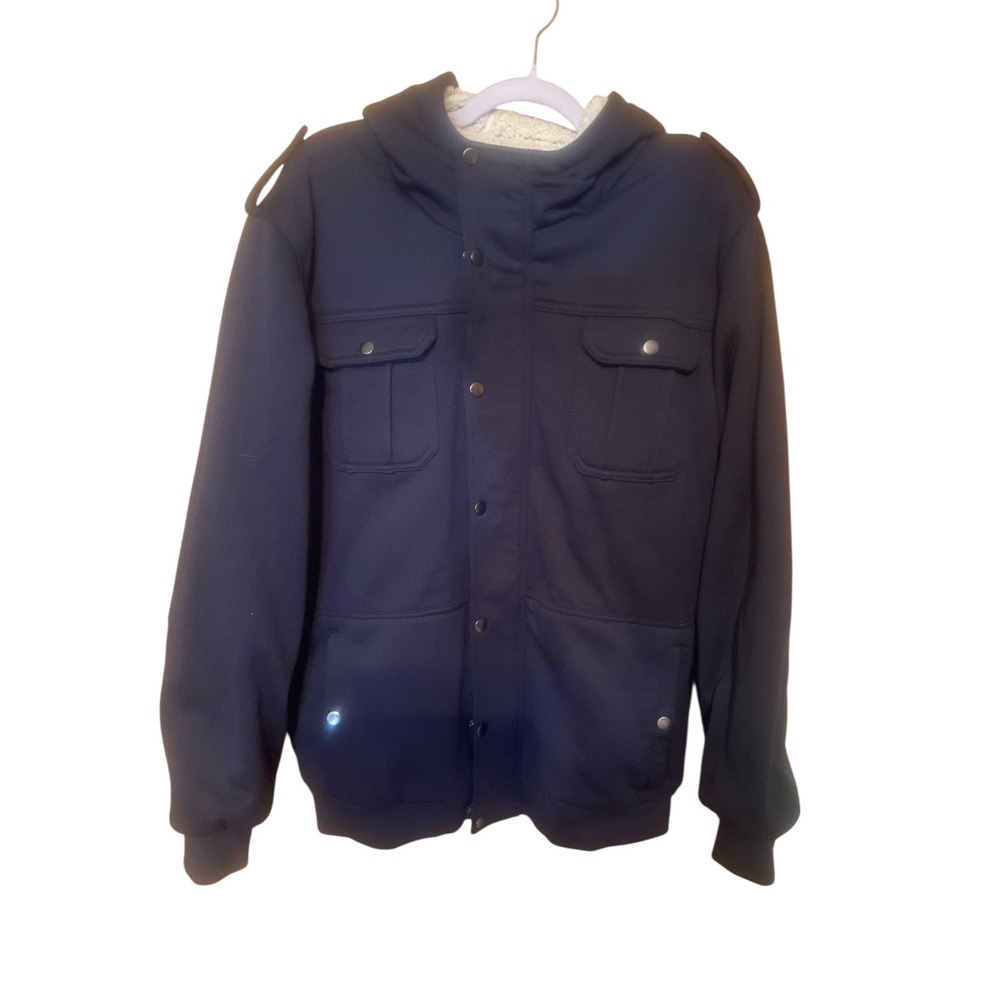 Yoki Mens Dark Navy Blue Hooded Sherpa Lined Military Style Jacket Size‎ Med/NWT